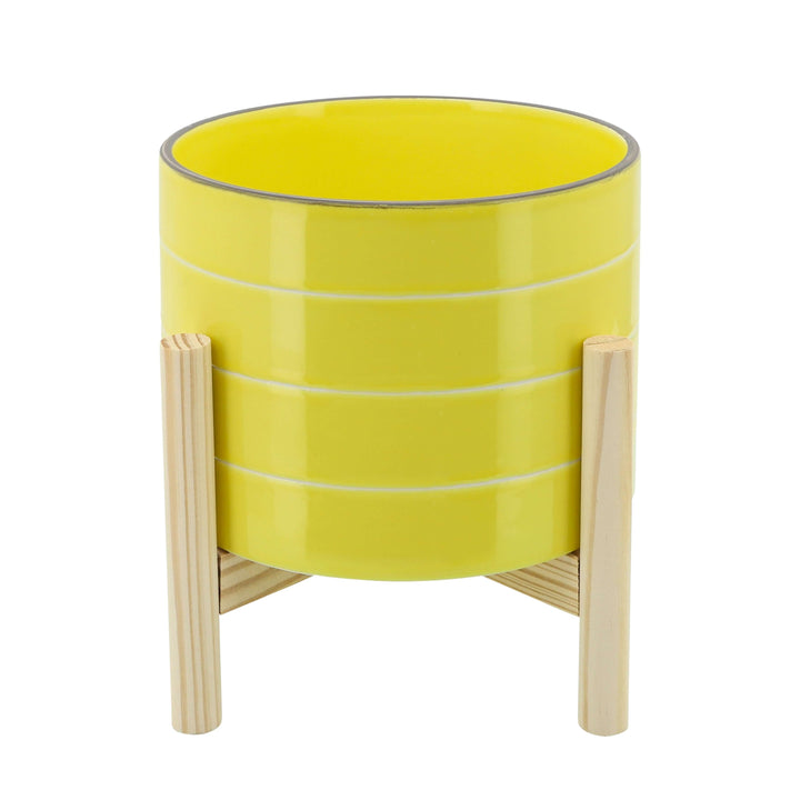   8" Striped Planter W/ Wood Stand, Yellow