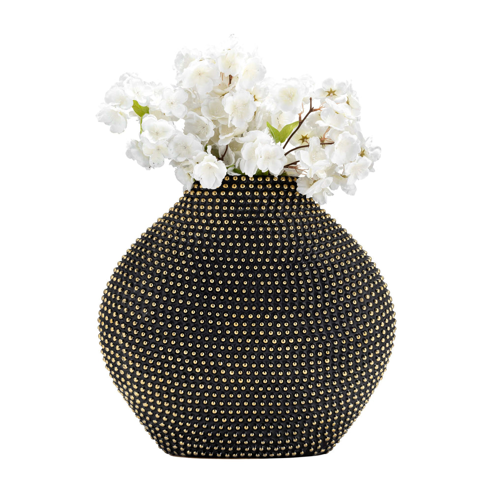 Ceramic 16" Beaded Vase, Black/gold