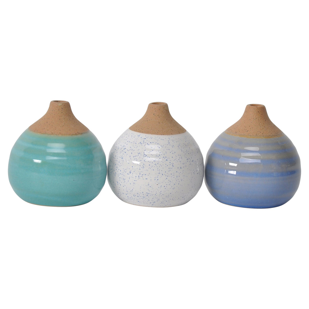 S/3 Glazed Bud Vases, Blue/turq/white