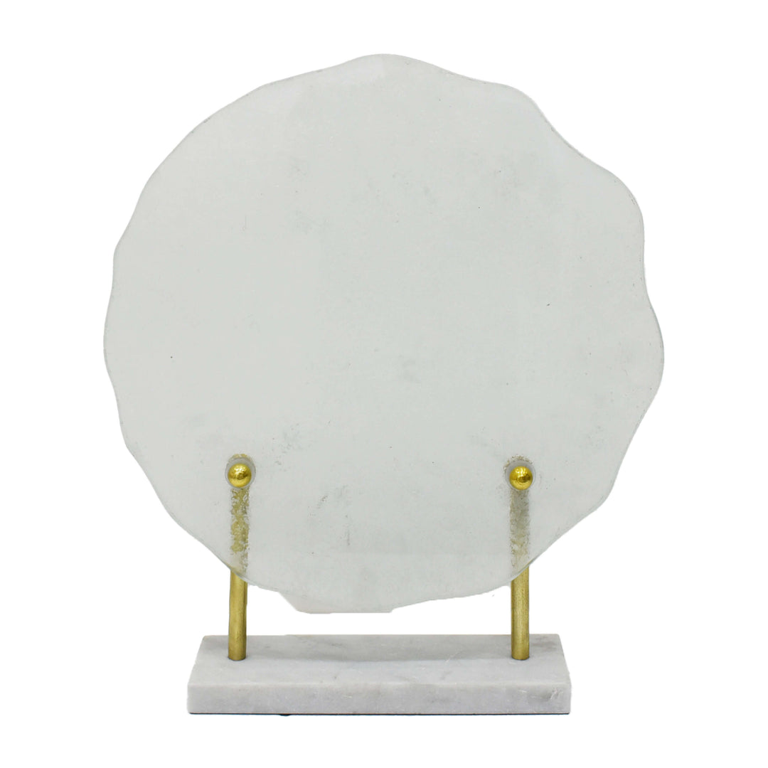 Metal,21"h,speckled Glass Disc On Marble Stand,whi