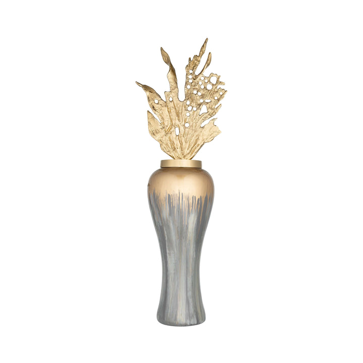 38"h Metal Vase W/ Leaf Like Lid, Wickhom Gray