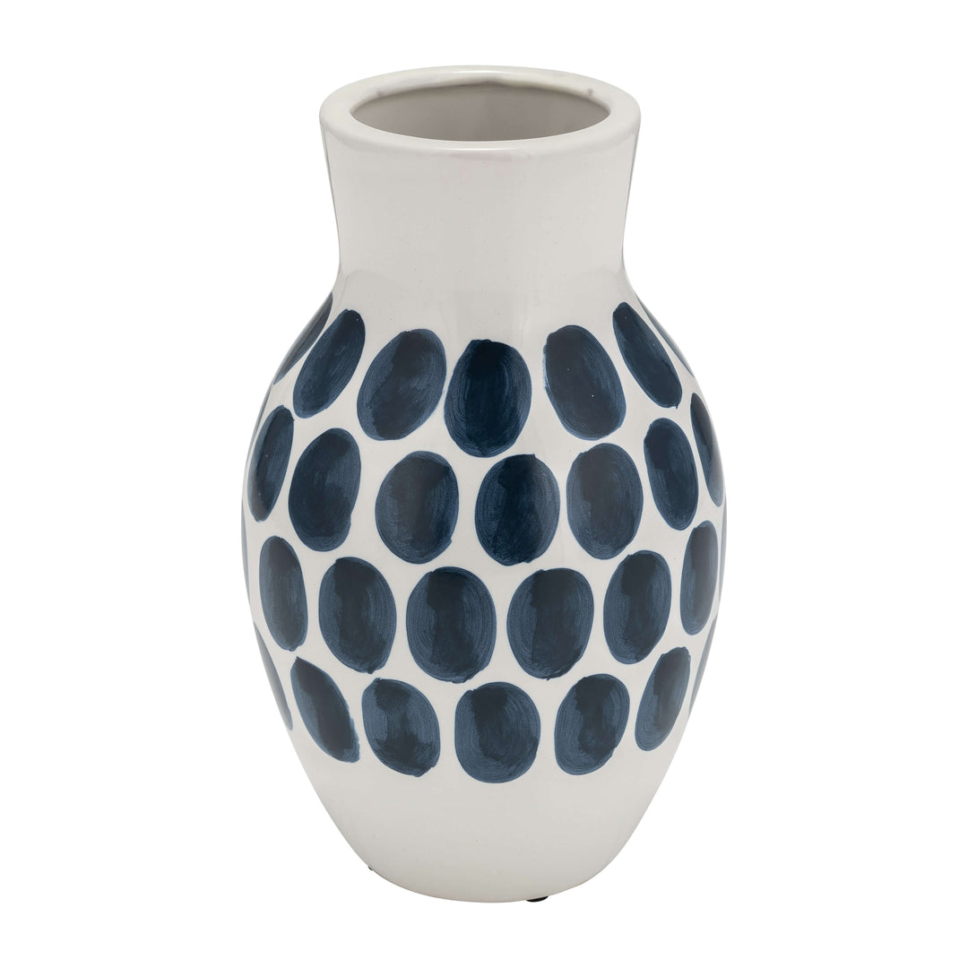 Cer, 10"h Navy Polk-a-dot Flower Vase, White
