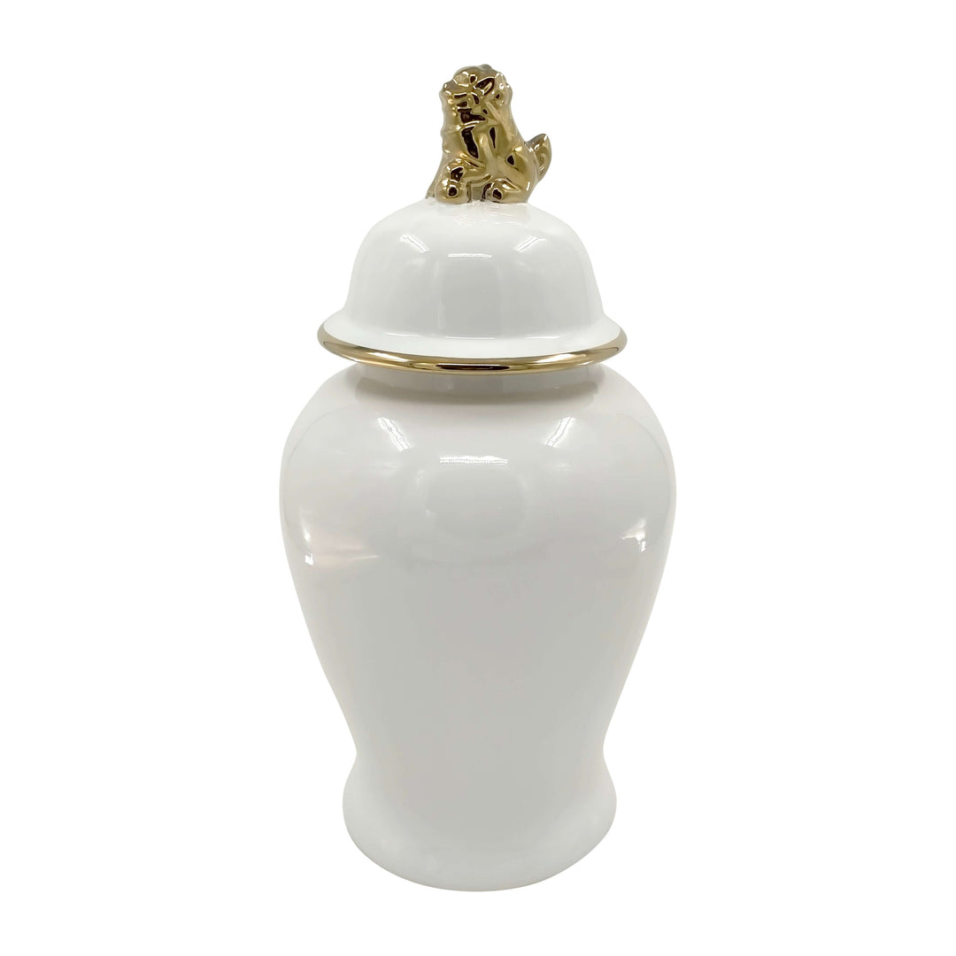 Cer, 18" Lion Head Temple Jar, White/gold