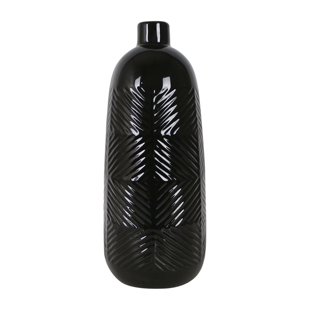 Cer, 16" Textured Lines Vase, Black