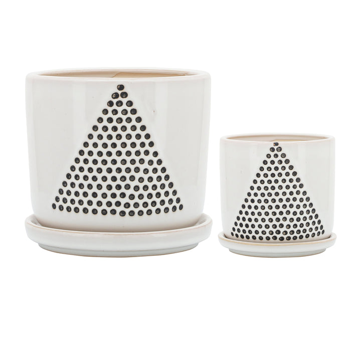 S/2 5/6" Triangle Dots Planter W/ Saucer, White