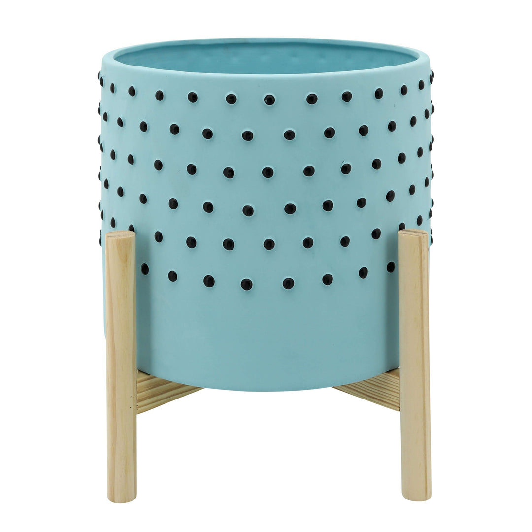   10" Dotted Planter W/ Wood Stand, Blue