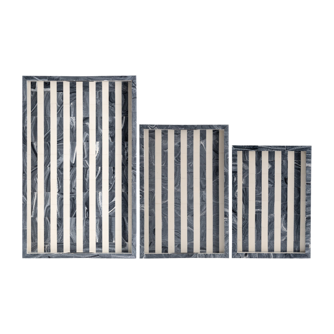 Resin, S/3 13/18/24" Striped Trays, Gray/white