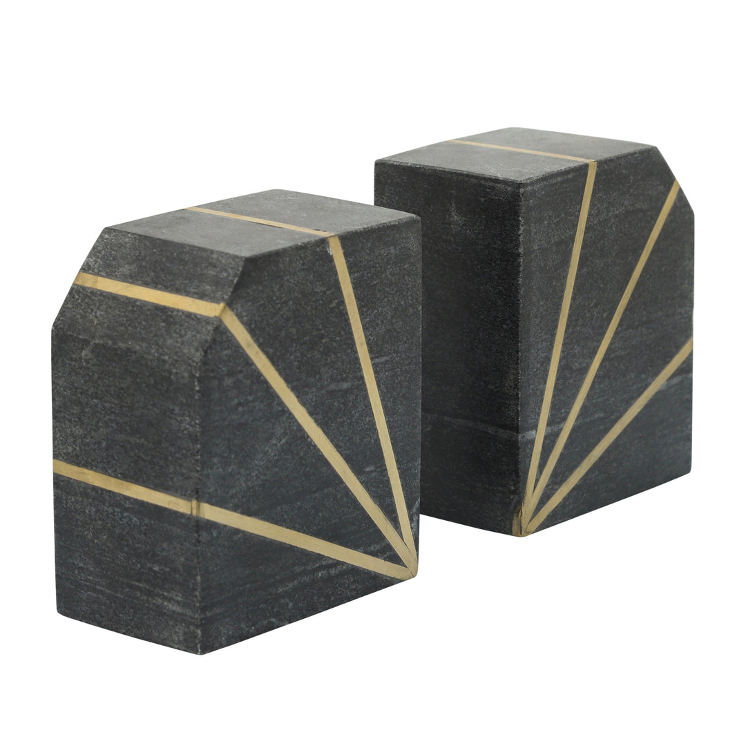 S/2marble 5"h Polished Bookends W/gold Inlays, Blk