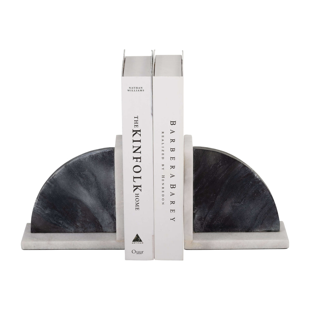 Marble,s/2 6"h,rounded Bookends,black/white