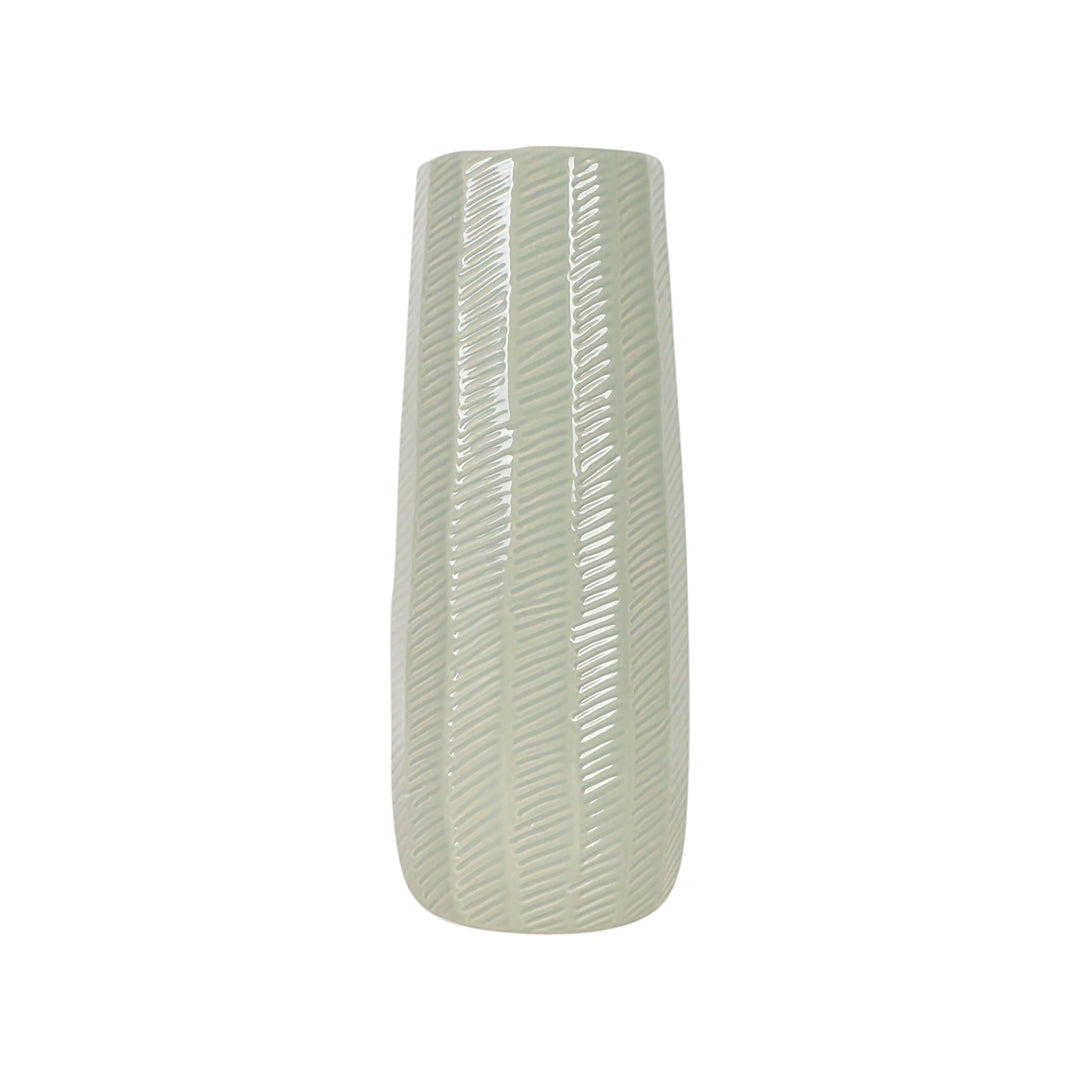 Cer, 12" Etched Lines Cylinder Vase, Cucumber