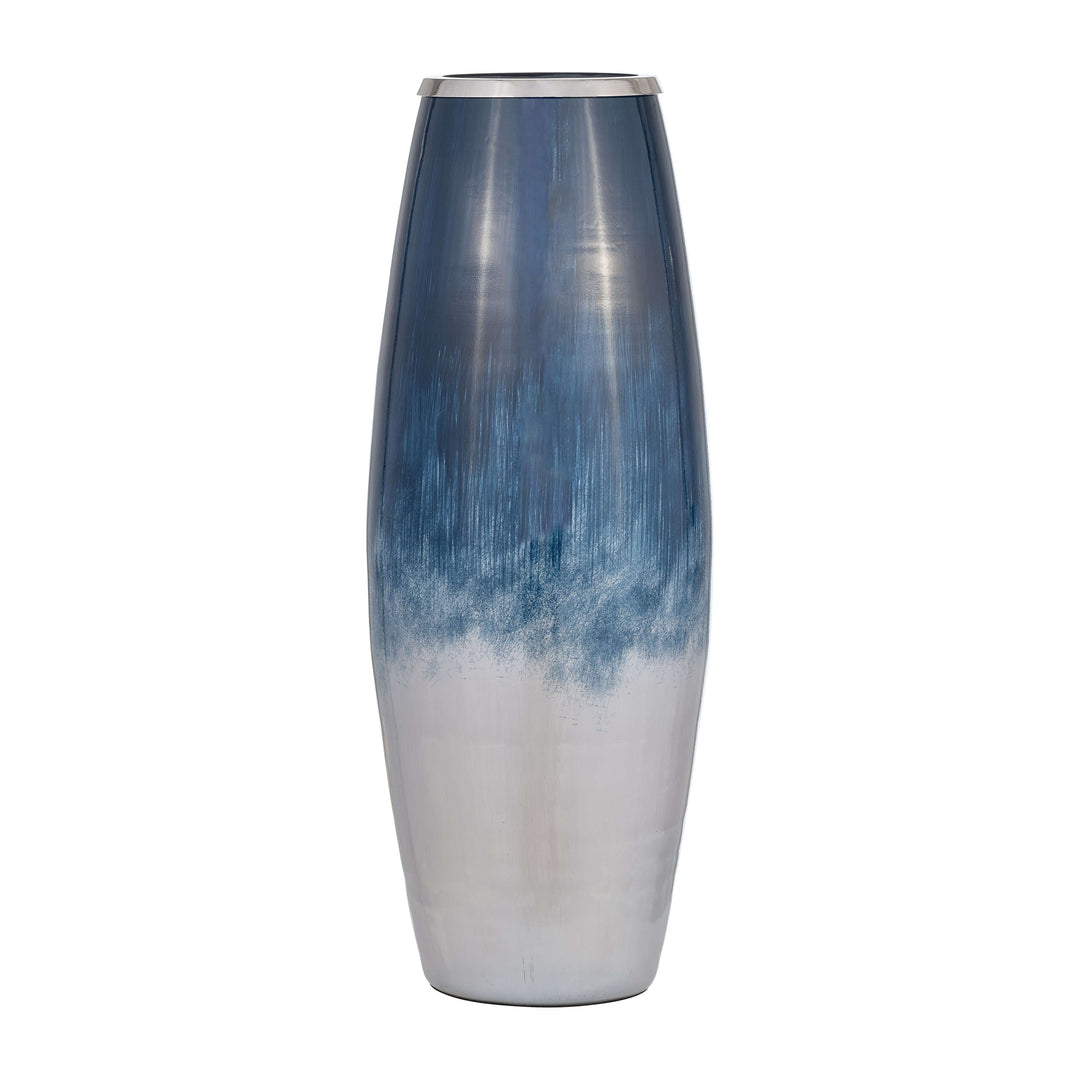 Glass,24"h Vase W/metal Rim, Blue/wht Ombre