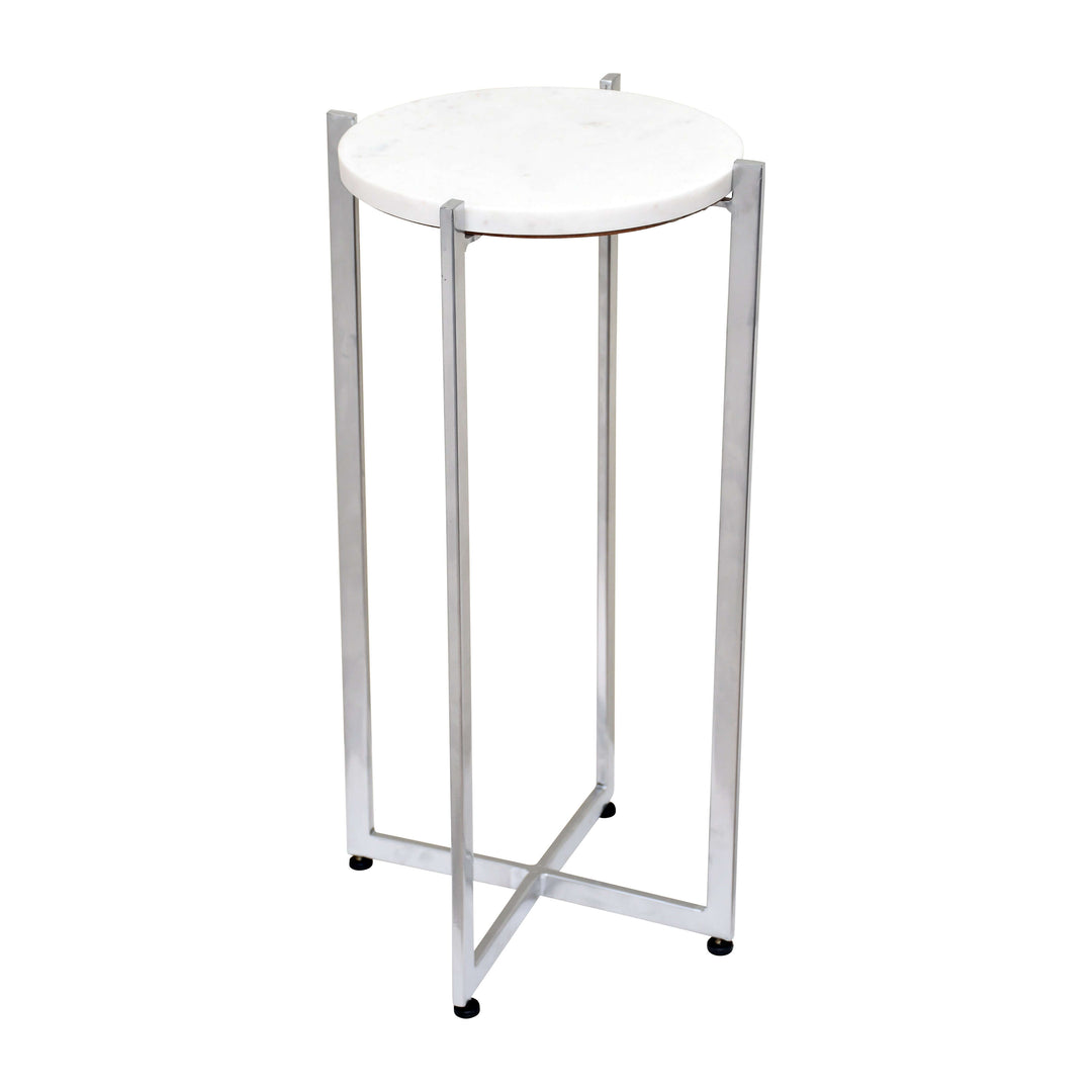 Metal, 23" Round Marble Top Accent Table, Silver