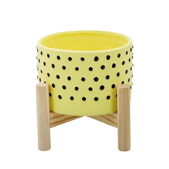   6" Dotted Planter W/ Wood Stand, Yellow