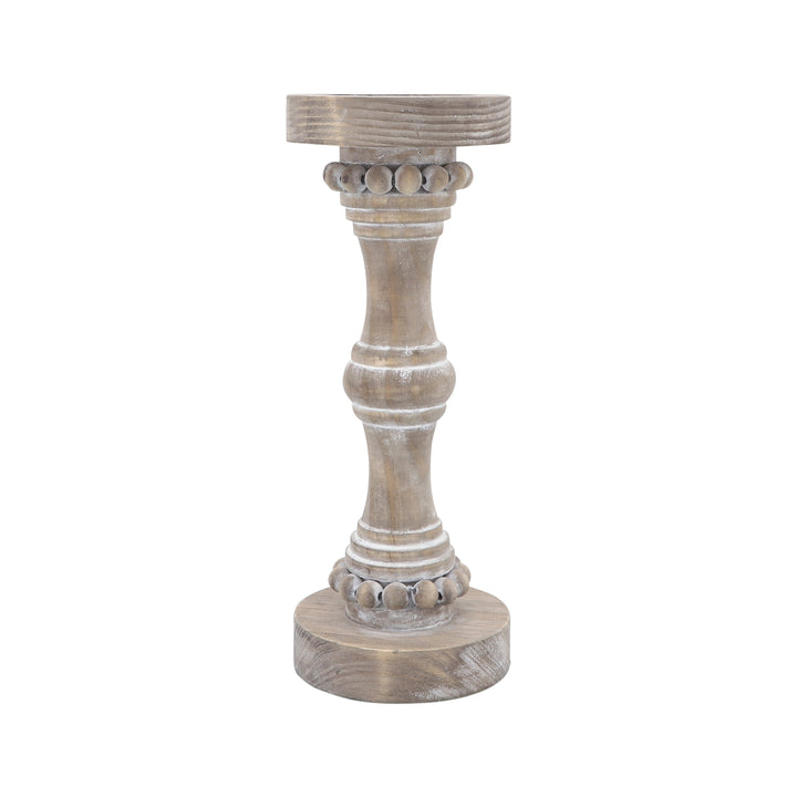Wood, 13" Banded Bead Candle Holder, Antique White