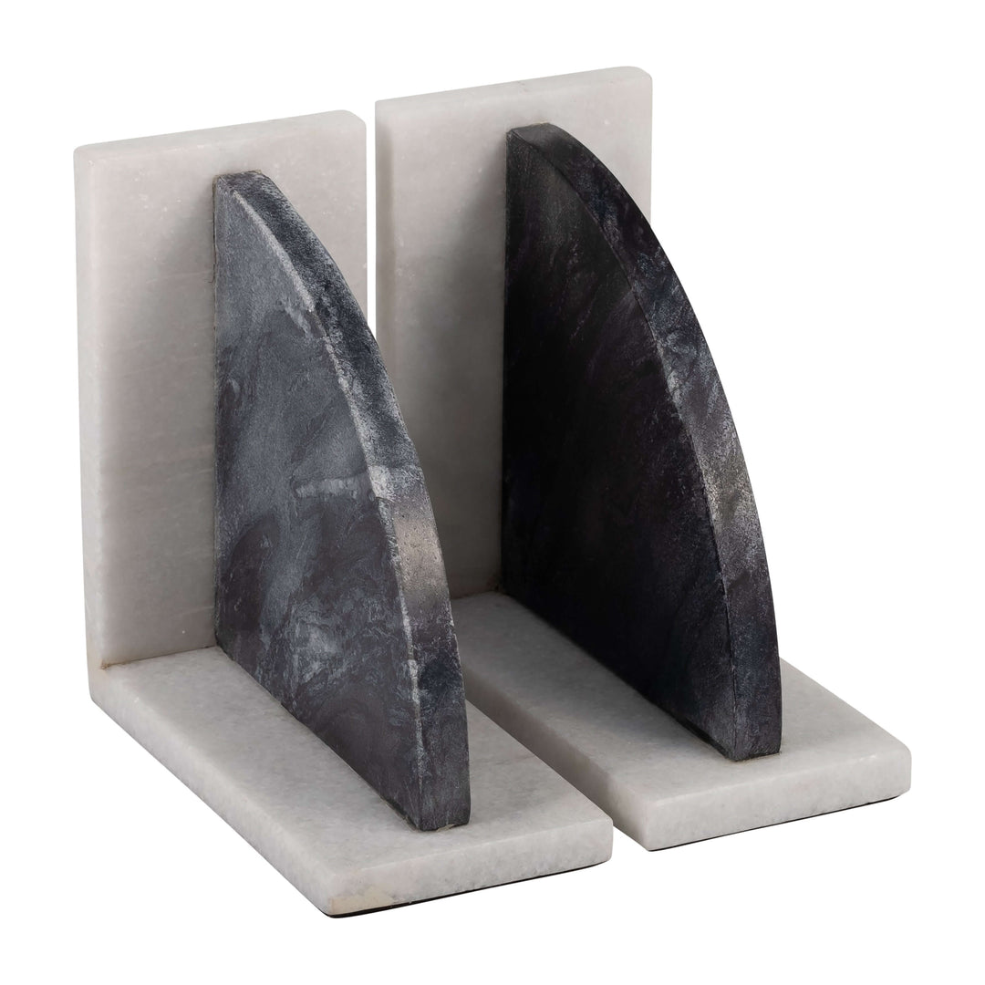 Marble,s/2 6"h,rounded Bookends,black/white