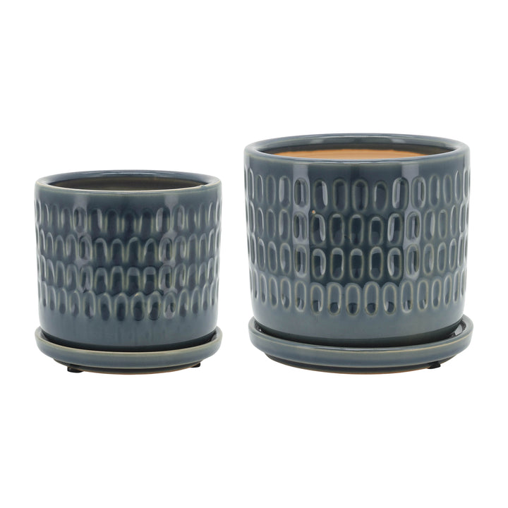 S/2 5/6" Dimpled Planters W/ Saucer, Blue