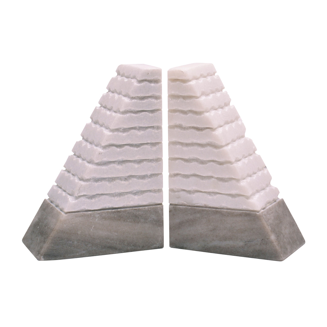 S/2 Marble 6"h Pyramid Bookends, White/onyx