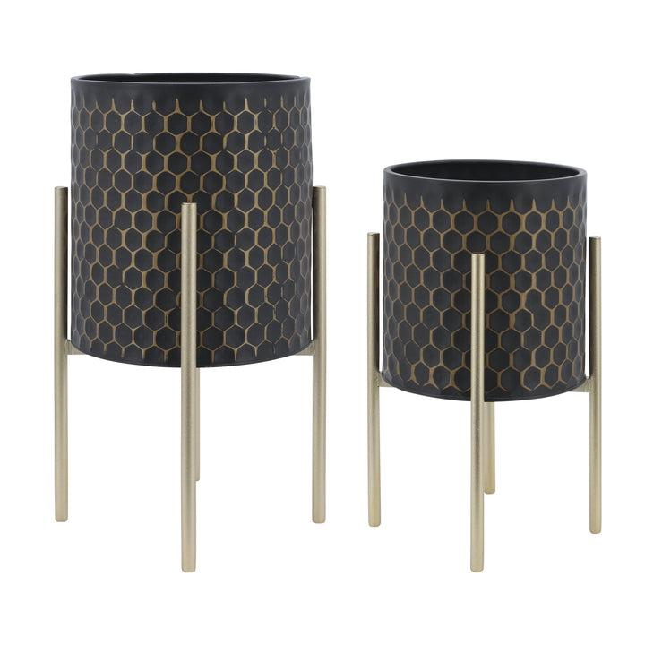 S/2 3d  Honeycomb Planter On Metal Stand, Blk/gld