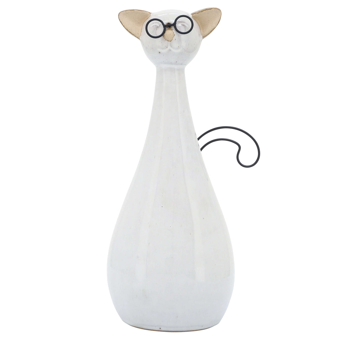 Cer, 10"h Chubby Cat W/ Glasses, Beige