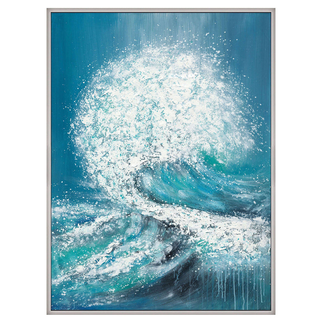 36x48 Handpainted Waves Canvas, Aqua