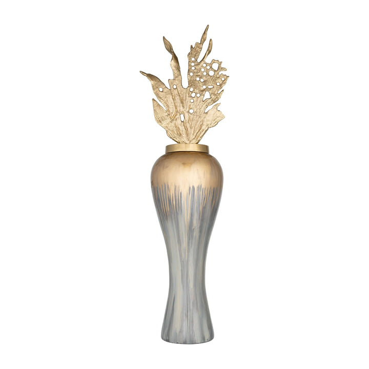 43"h Metal Vase W/ Leaf Like Lid, Wickhom Gray