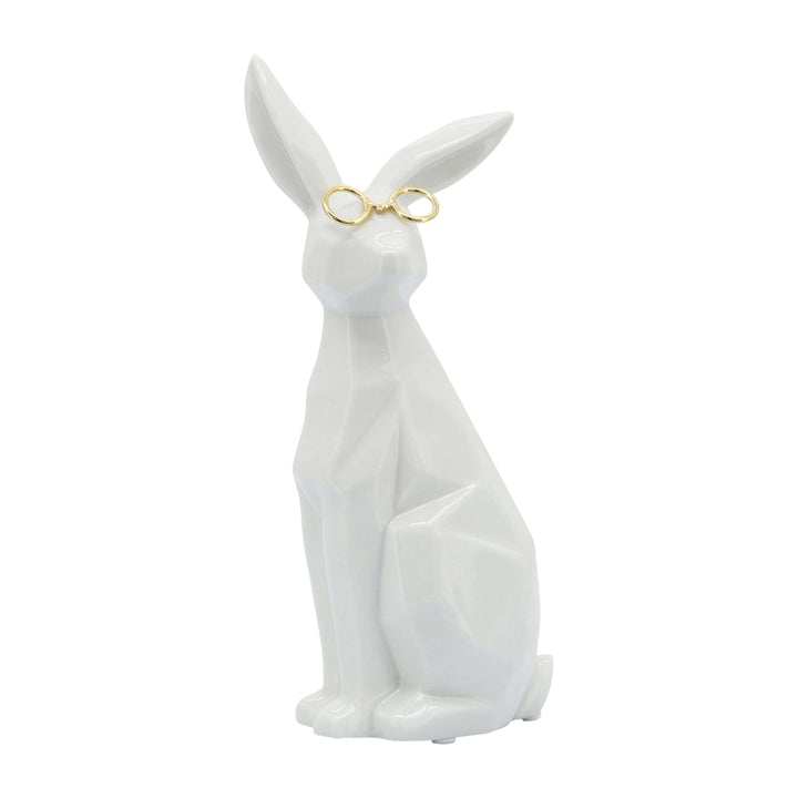 Cer, 8"h Sideview Bunny W/ Glasses, White/gold