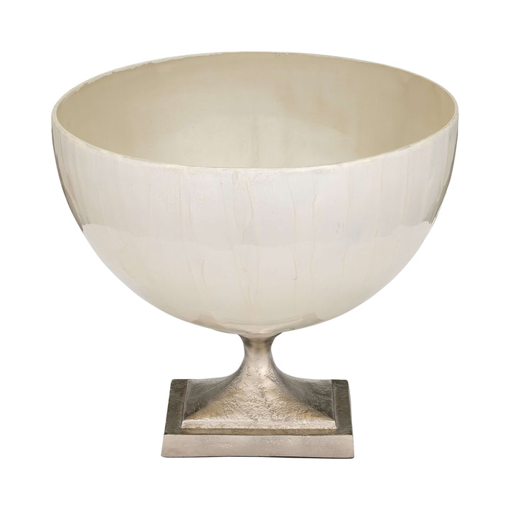 Glass, 9" Bowl W/ Metal Stand, Pearl White