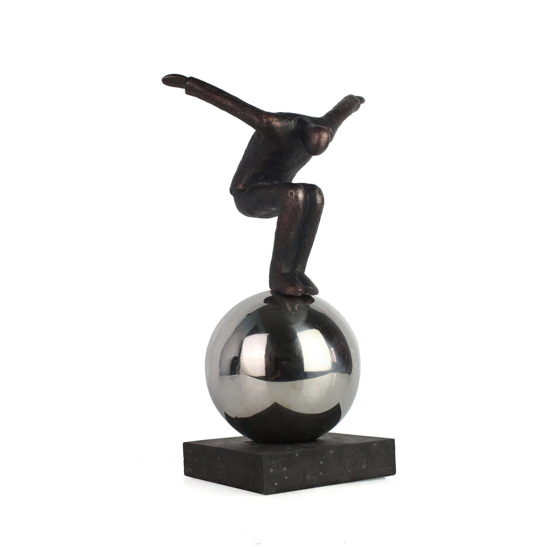 Metal 12" Balancing Man On Sphere, Bronze