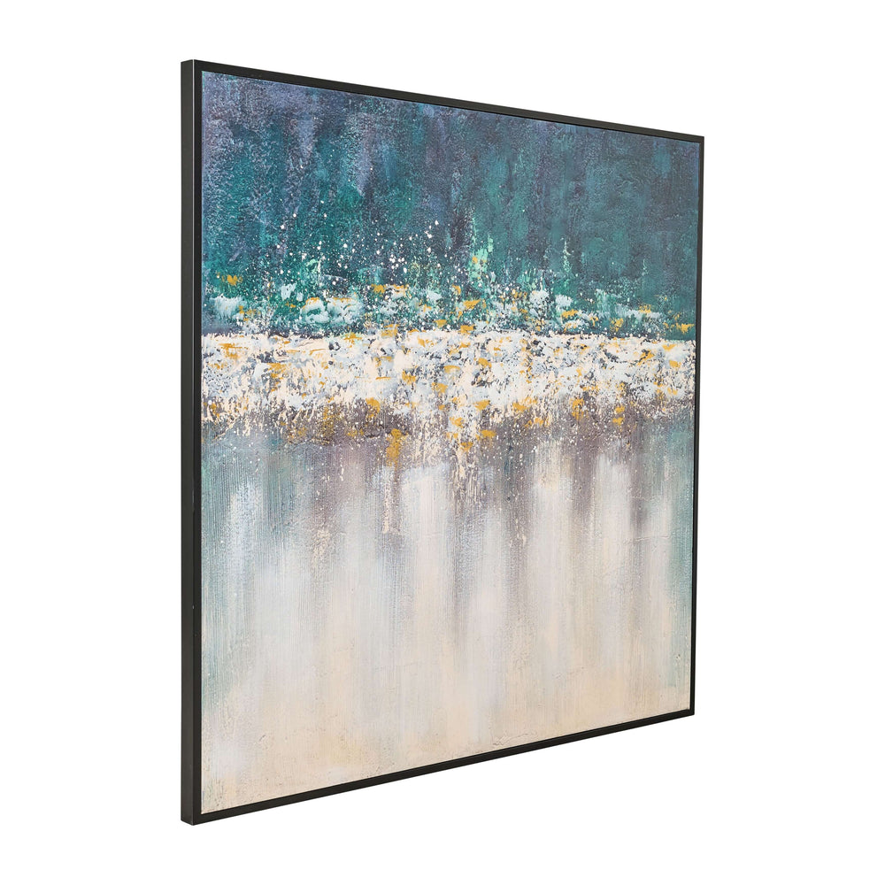 48x48 Handpainted Abstract Canvas, Teal/white