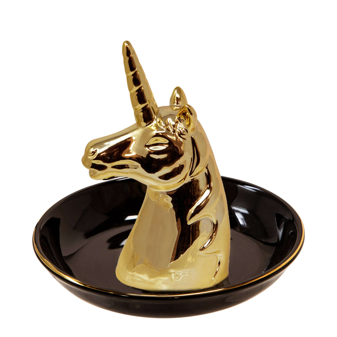 Ceramic 6" Unicorn Trinket Tray, Black/gold