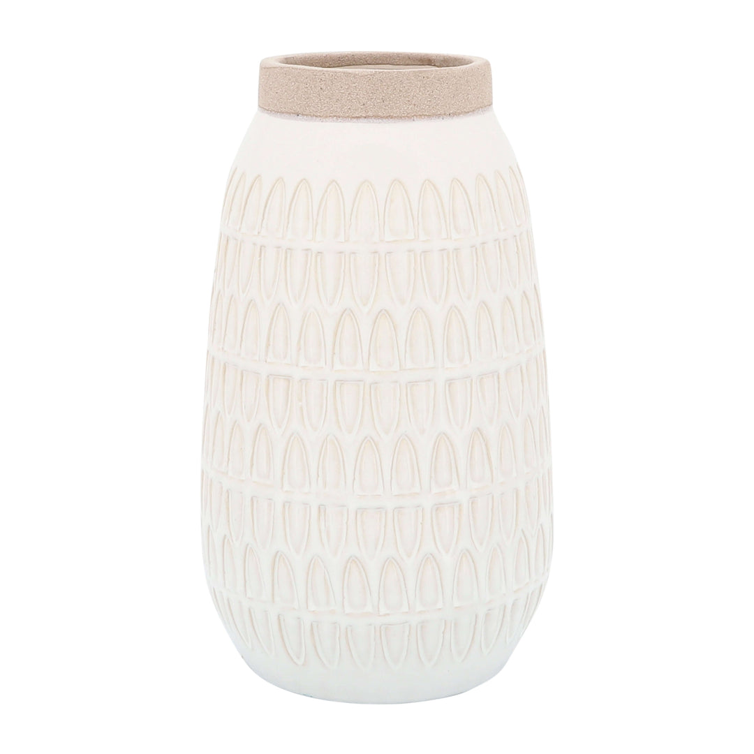 Cer, 10"h Carved Vase, Beige