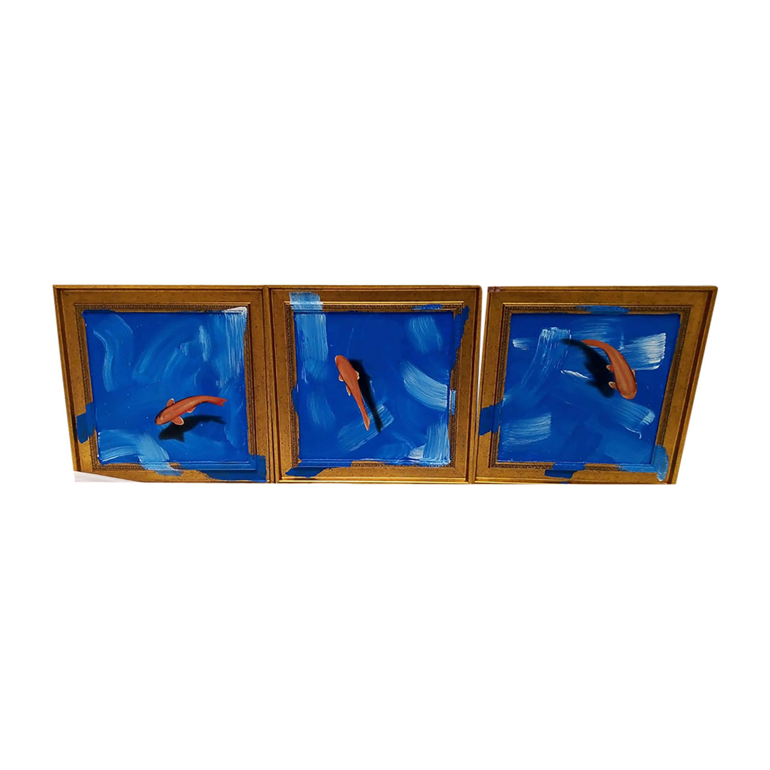 83x28,s/3 Hand Painted Fish In Sea, Blue/orange