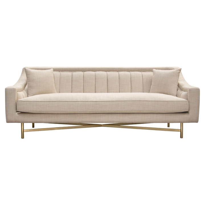 Croft Sand Linen Channel Tufted Sofa with Gold Cross Base Frame