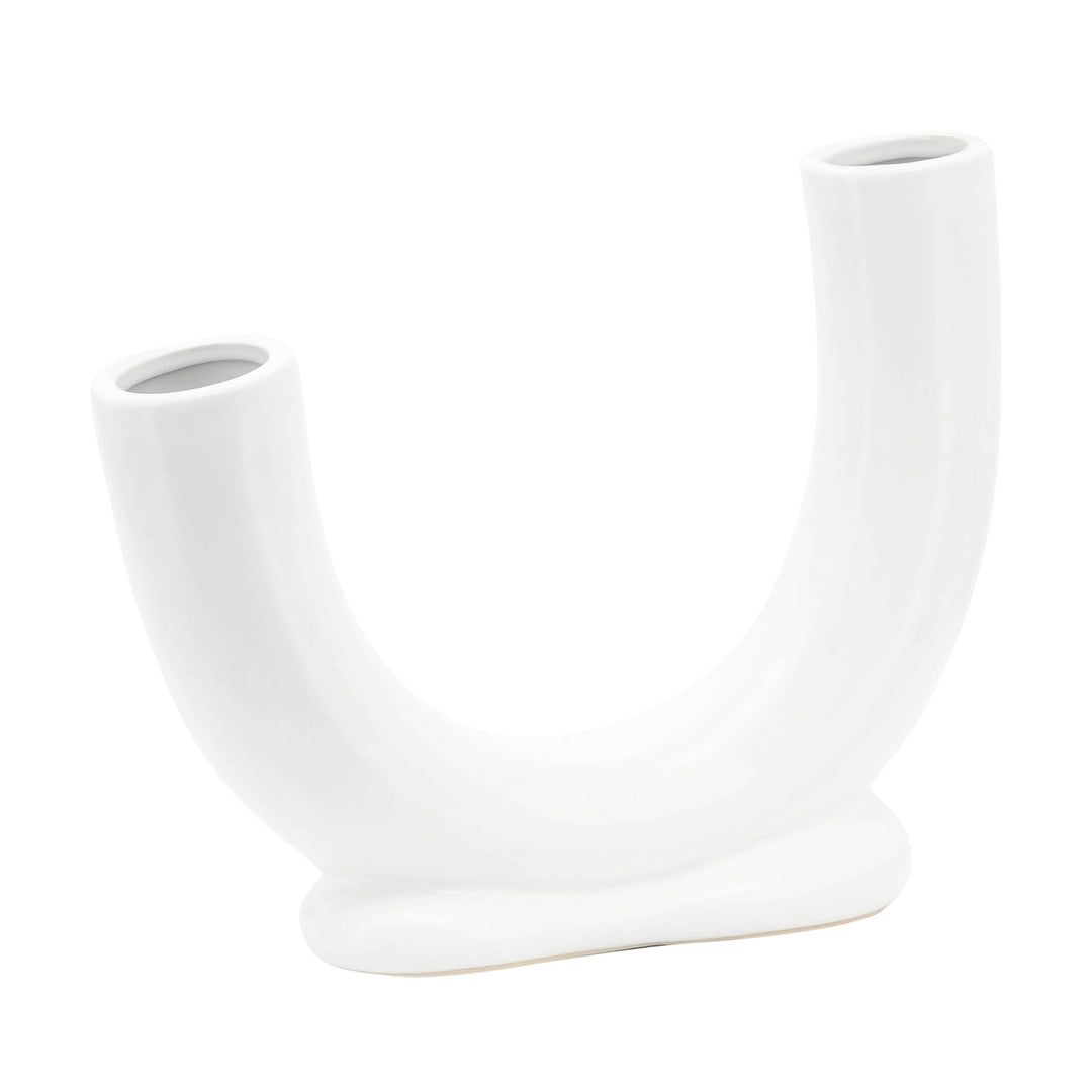 Cer, 8"h U-shaped Vase W/ Base, White