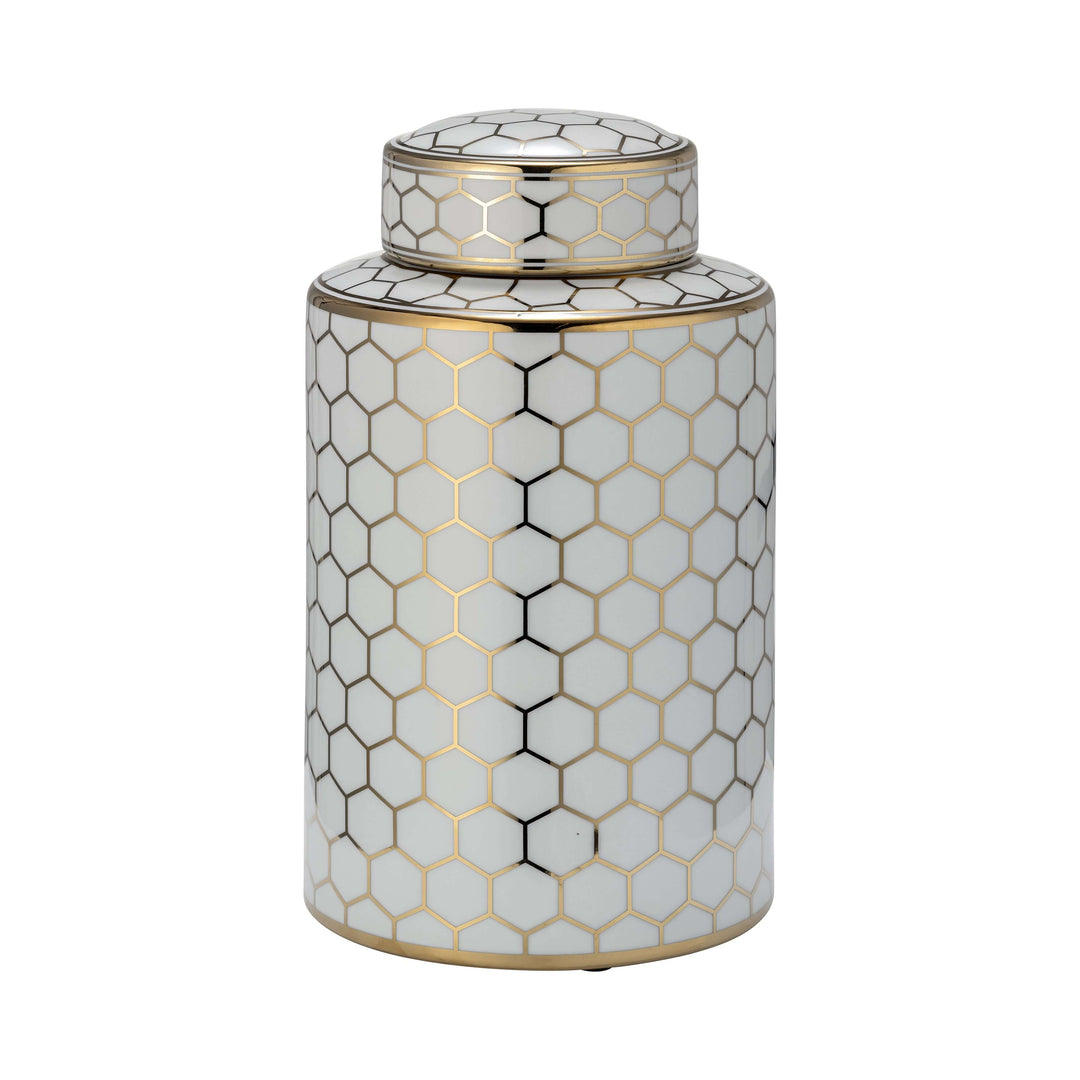 Cer, 12" Honeycomb Jar W/ Lid, Gold