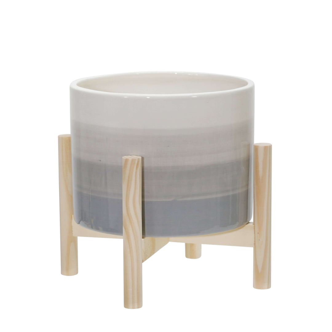 8" Ceramic Planter W/ Wood Stand, Beige Mix