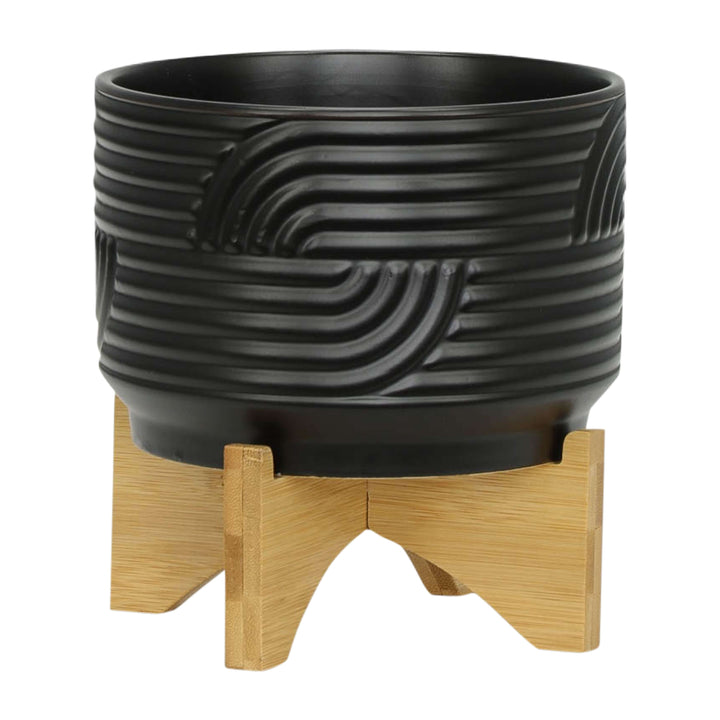 Cer, 7" Abstract Planter On Stand, Black
