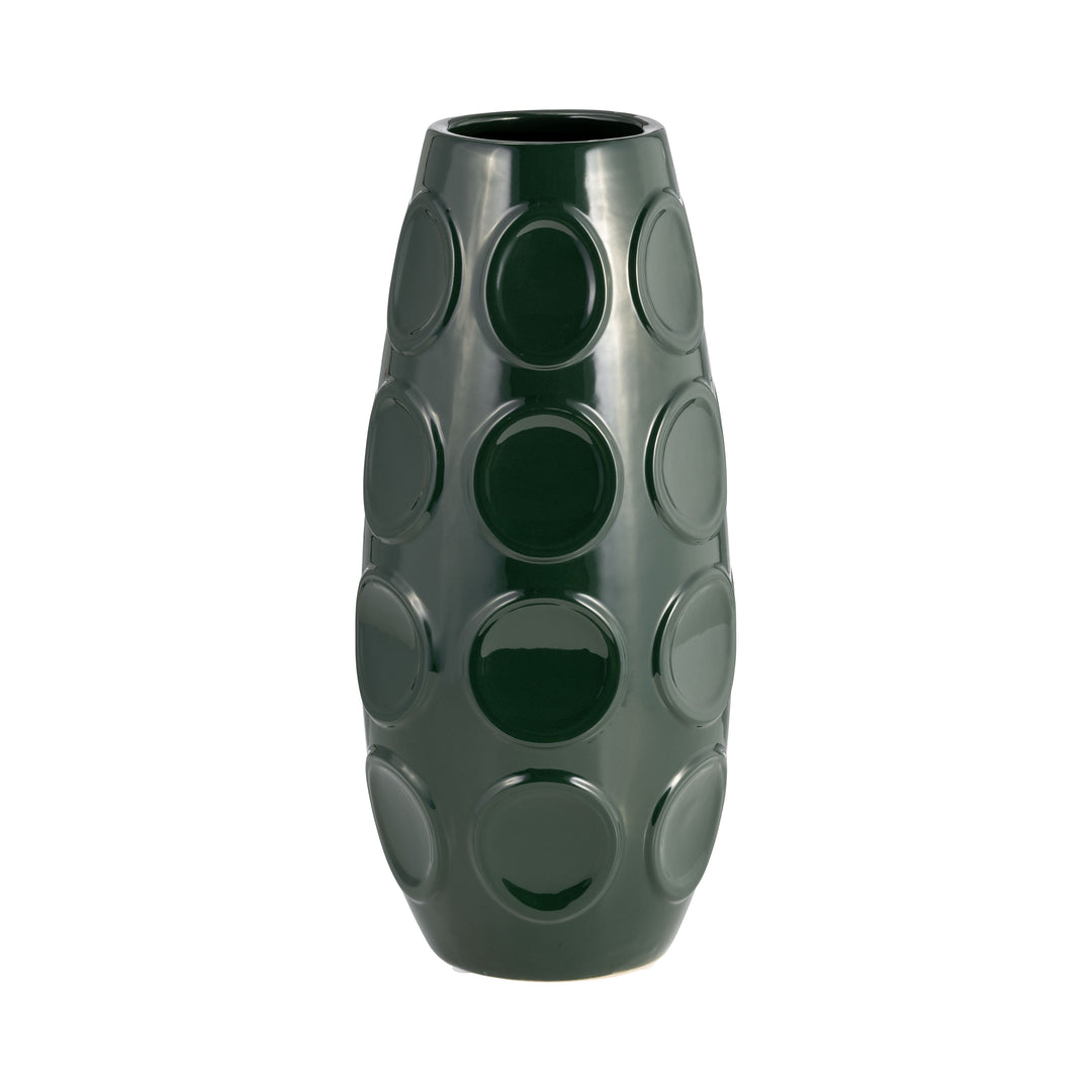 Stoneware, 13" Circle Embossed Vase, Forest Green