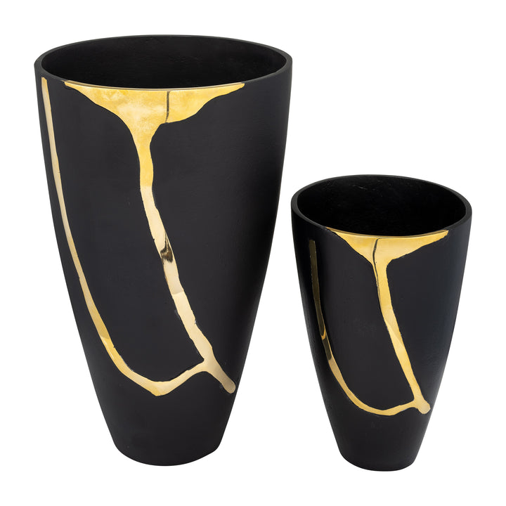 S/2 9/14", Metal  Cracked Design  Vases, Brass/cha