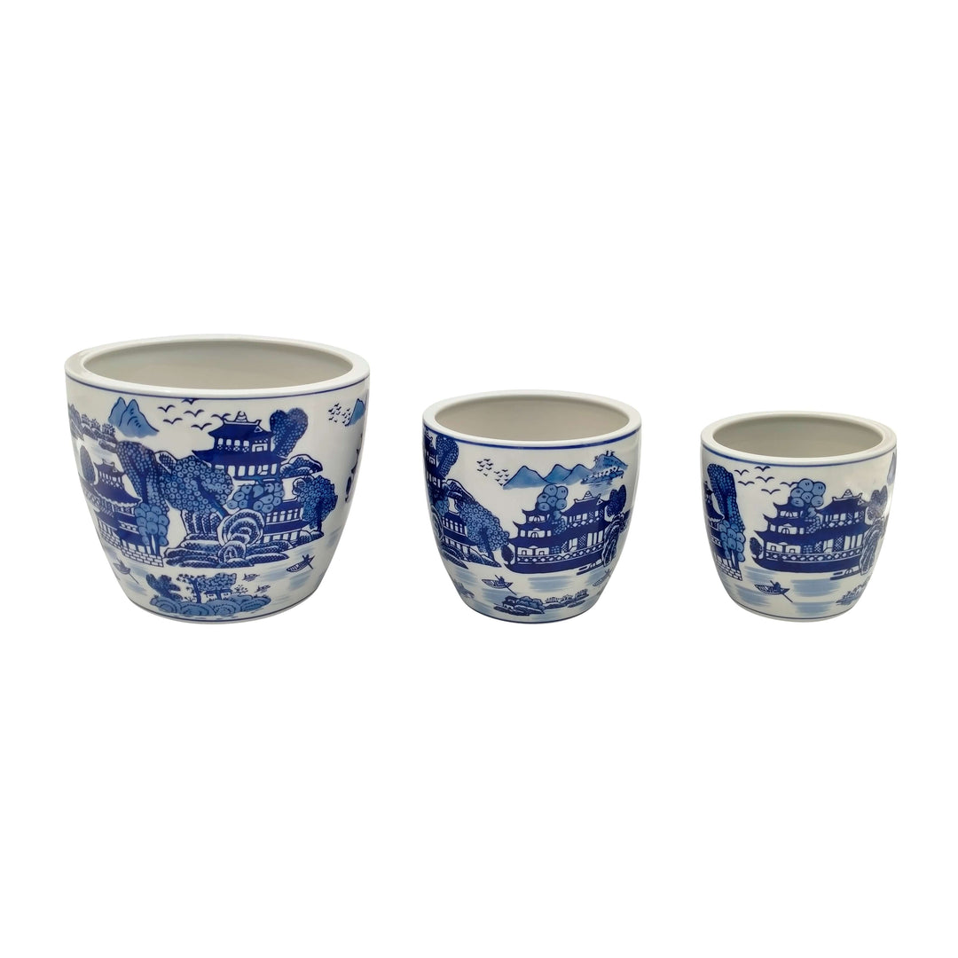 Cer, S/3 6/8/10" Chinoiserie Planters, Blue/white
