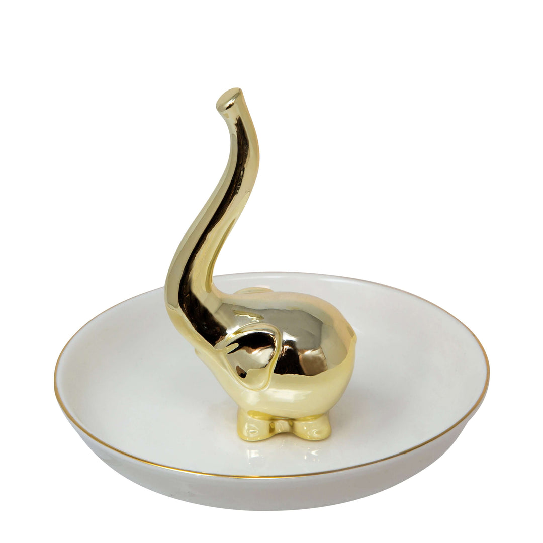 Ceramic 6" Elephant Ring Holder, White/gold
