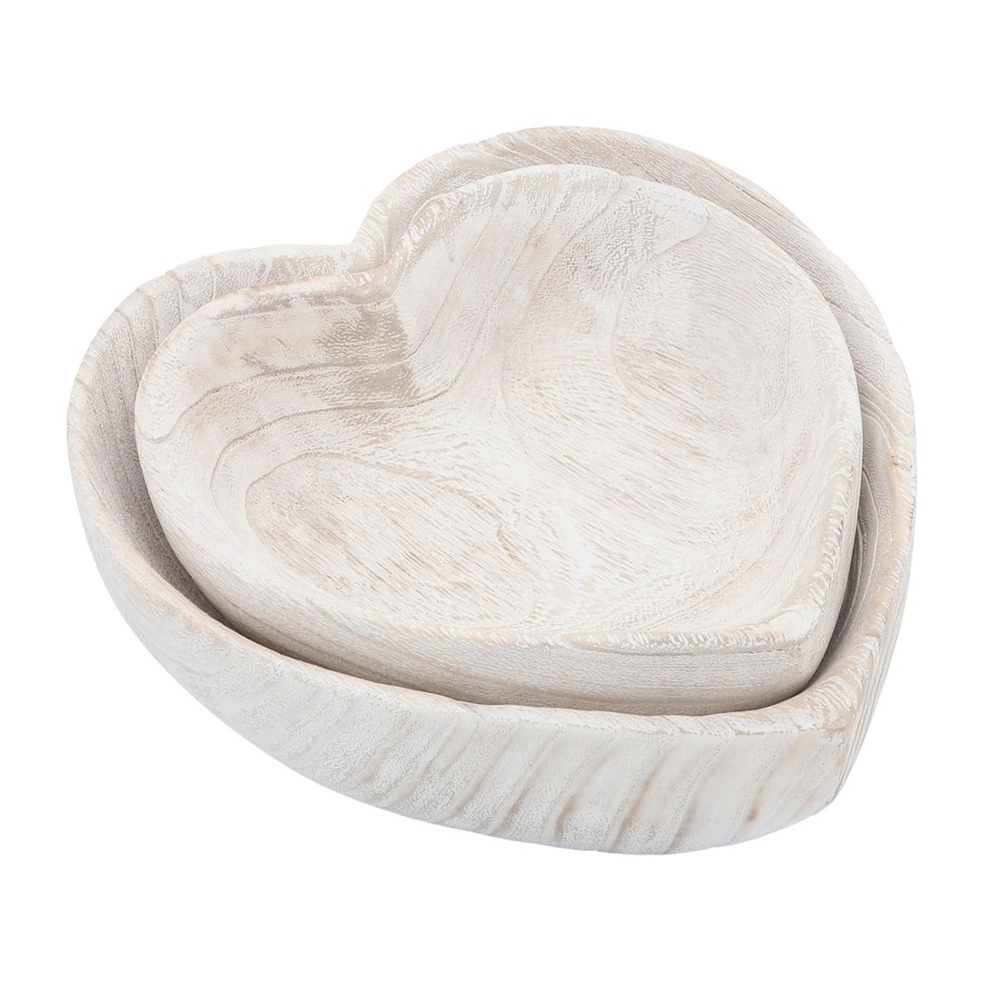 Wood, S/2 9/10" Heart Bowls, White