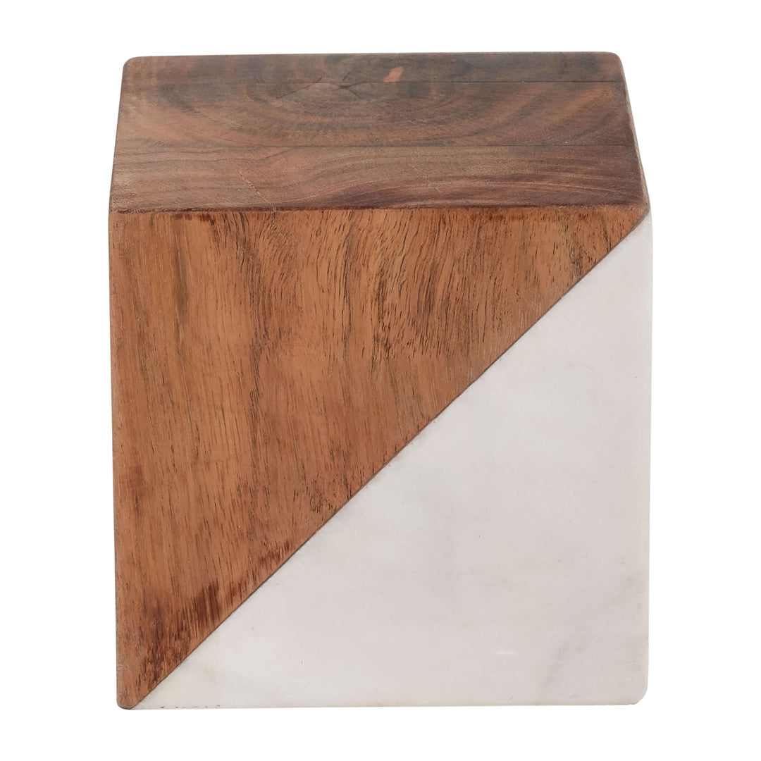 Marble/wood, 4" Square Orb, Brown/white