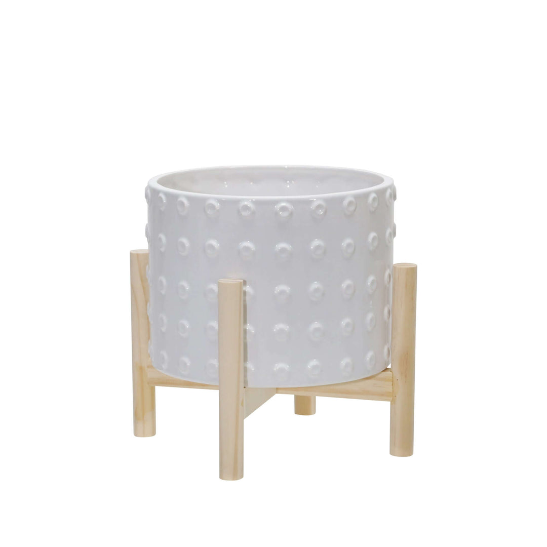 8" Ceramic Dotted Planter W/ Wood Stand, White