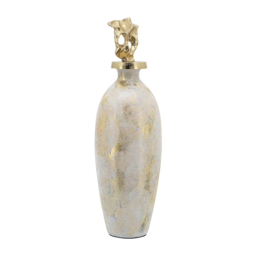 Glass, 23"h Metal Vase Tribal Topper,  White/gold