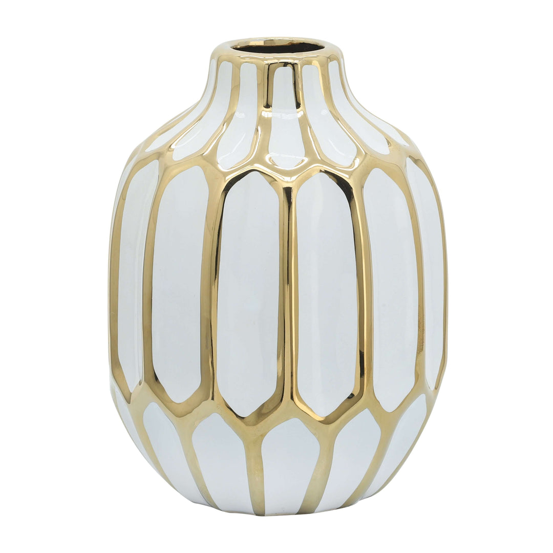 Ceramic Vase 8", White/gold