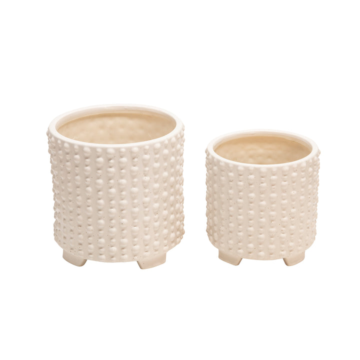 S/2 Ceramic 6/8" Footed Planters W/ Dots, White