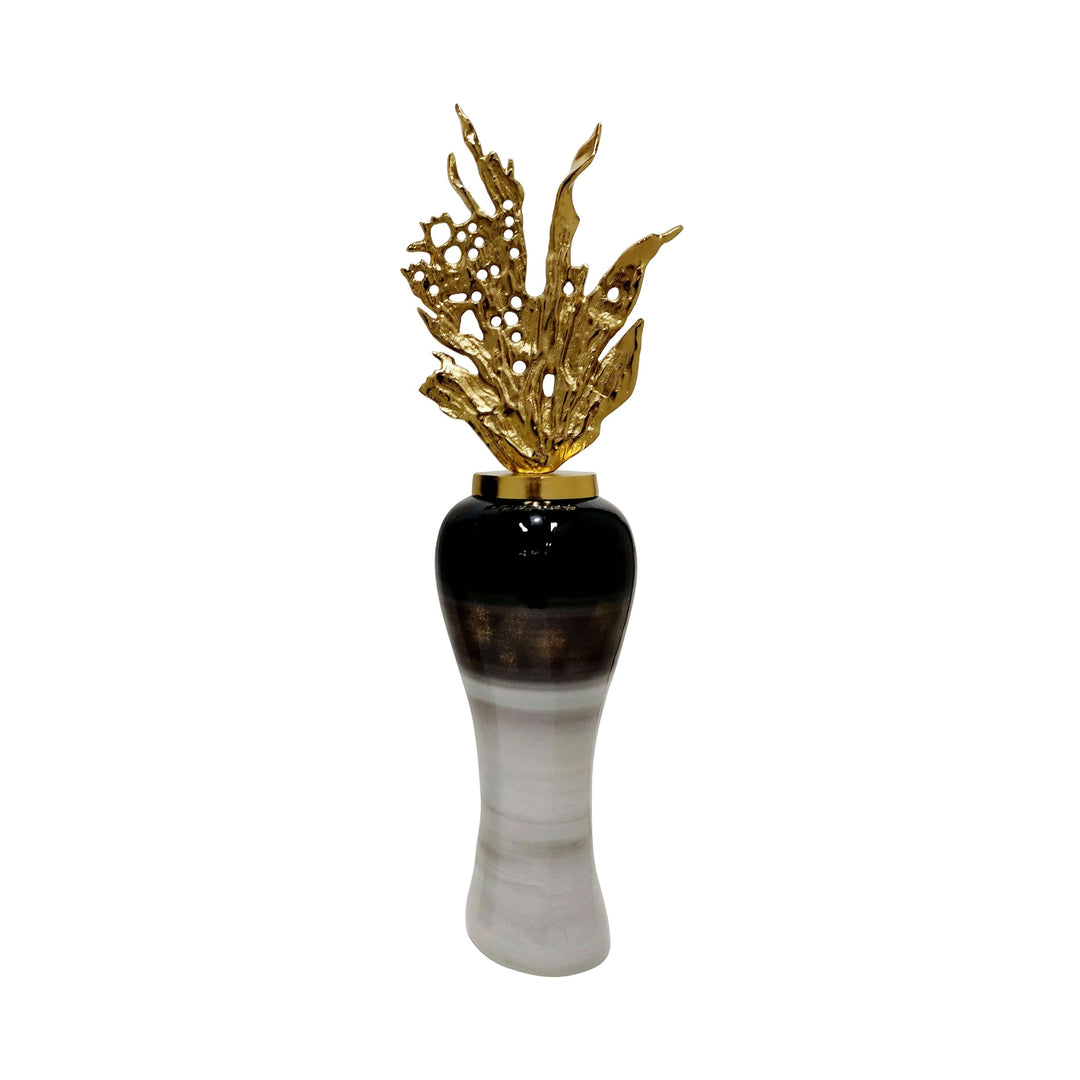 38"h Metal Vase W/ Leaf Like Lid, Multi