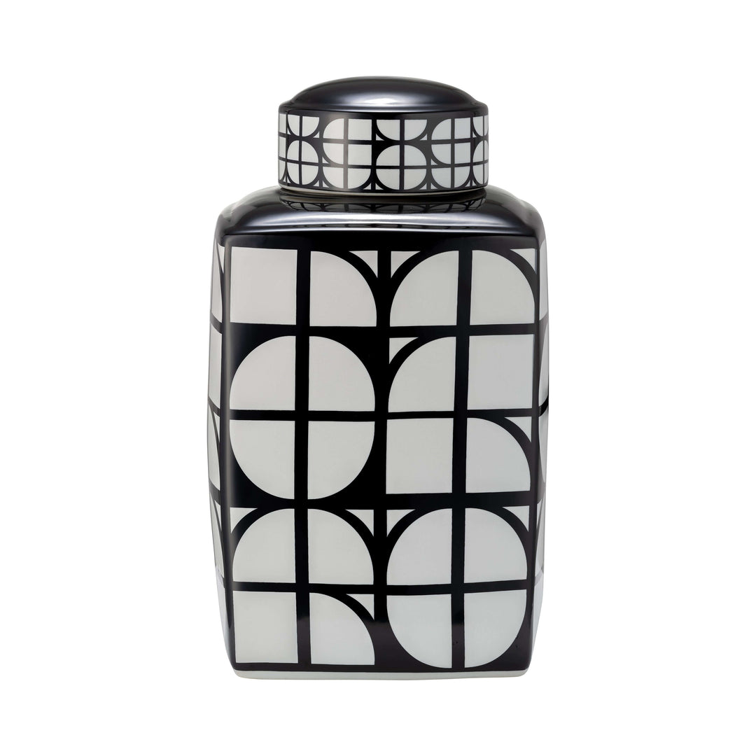 Cer, 16"h Square Jar W/ Lid, Black/white