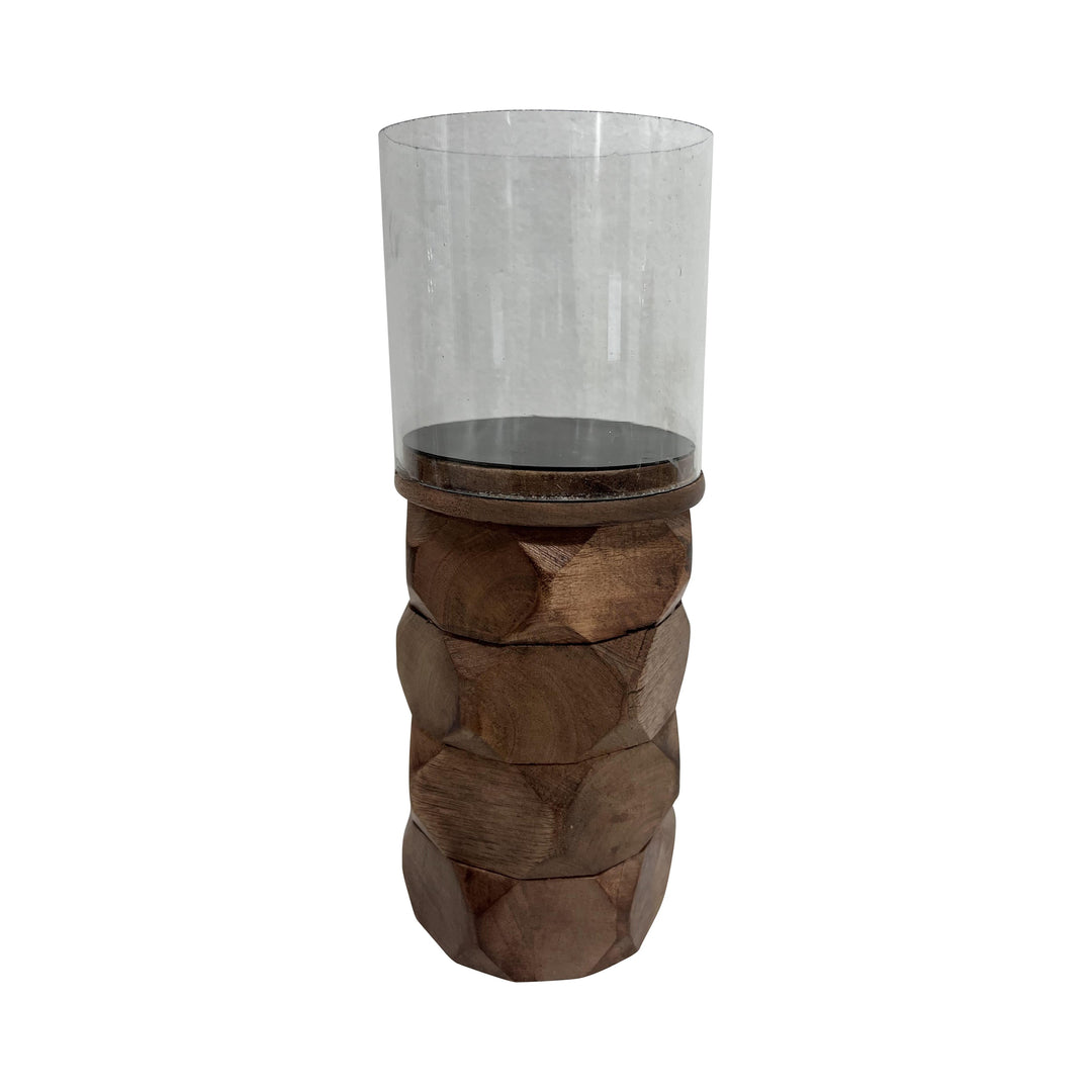 Wood, 10" Stacked Hexagon Pillar Hurricane, Brown